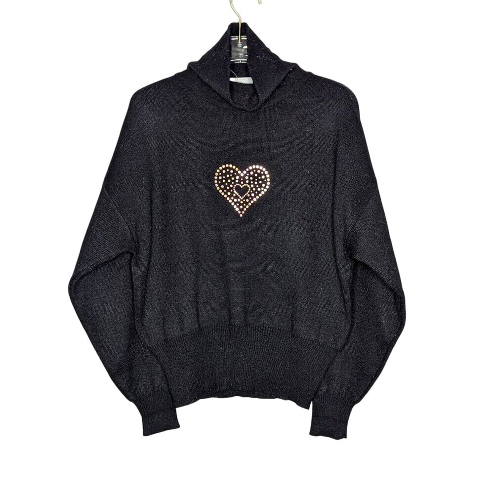 Vintage 70's Meister Black Long Sleeve Turtleneck Sweater Rhinestone Heart